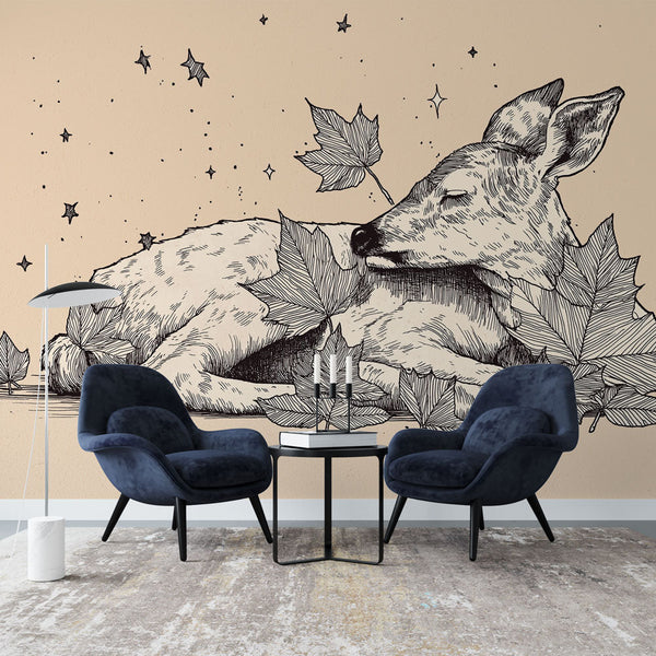 Wildlife Wallpaper | Sleeping Fawn with Leaves and Stars