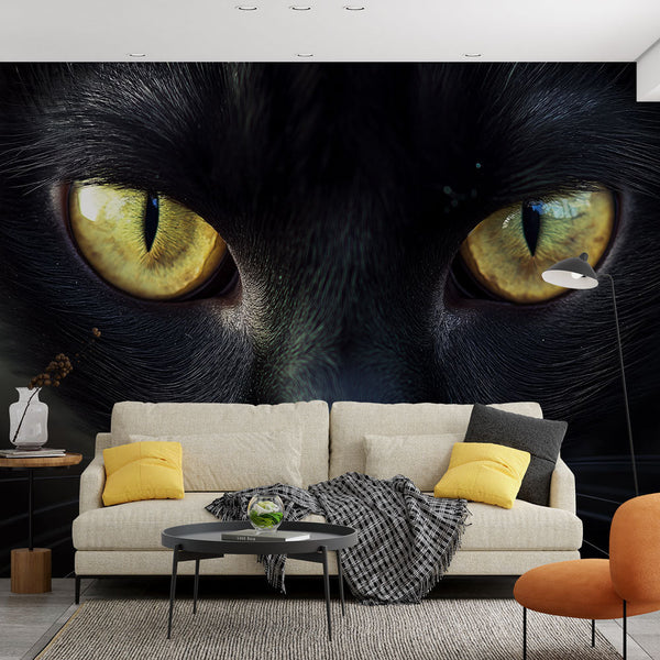 Feline Wallpaper | Black Cat Golden Eyes Close-Up Mural