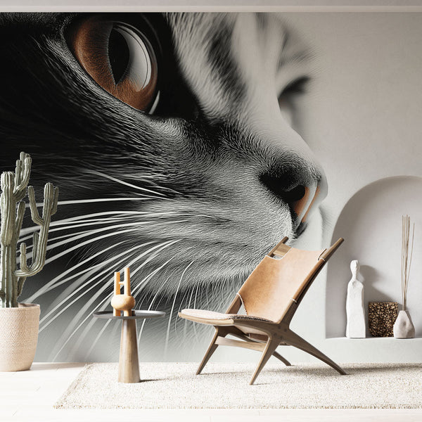 Feline Wallpaper | Elegant B&W Close-Up Wall Mural