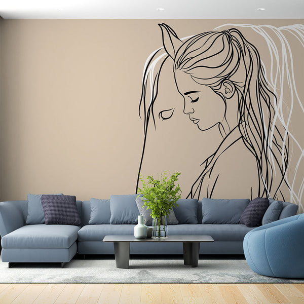Woman and Horse Wallpaper | Minimalist Equestrian Sketch