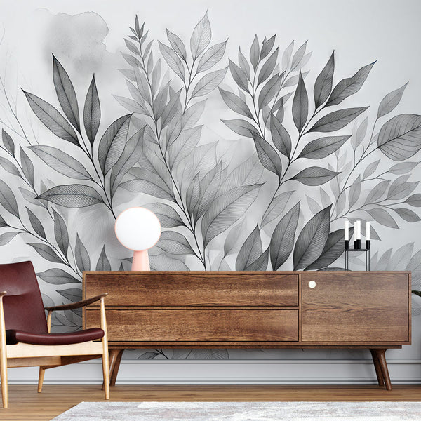 Watercolor Foliage Wallpaper | Black White Leaves Mural