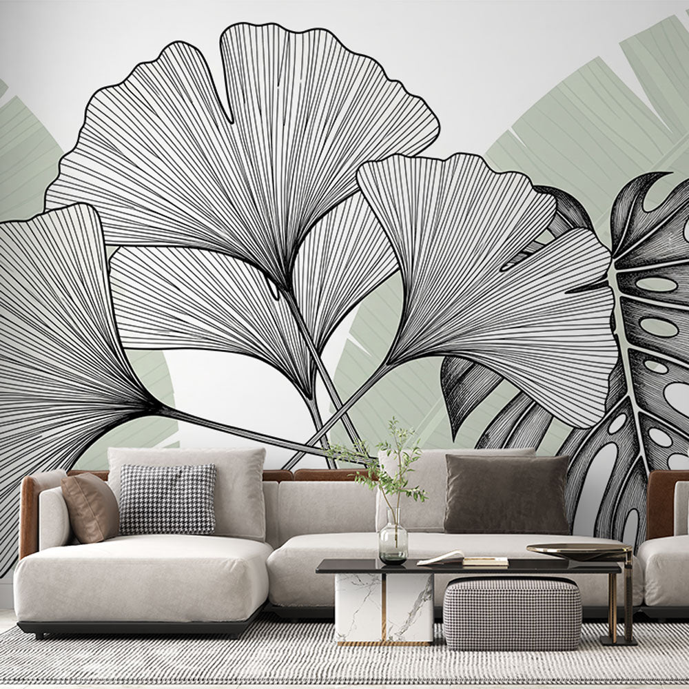 Ginkgo and Monstera Wallpaper | Black and White Leaf Pattern