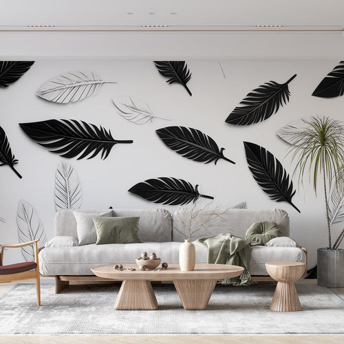 Bicolor foliage wall mural with finely drawn black white leaves on pristine background