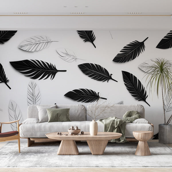 Bicolor Foliage Wallpaper | Black White Leaves Wall Mural
