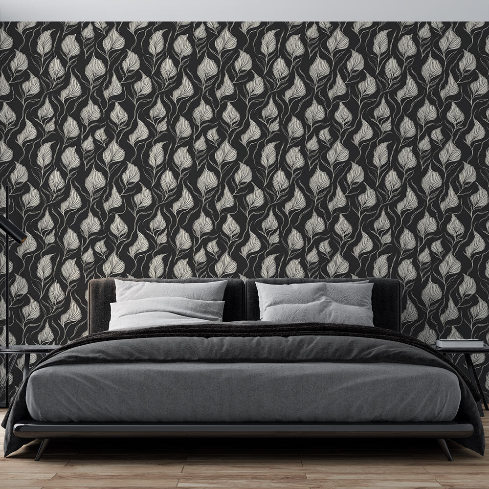 Black and White Foliage Wallpaper | Leaf Print on Dark Ground