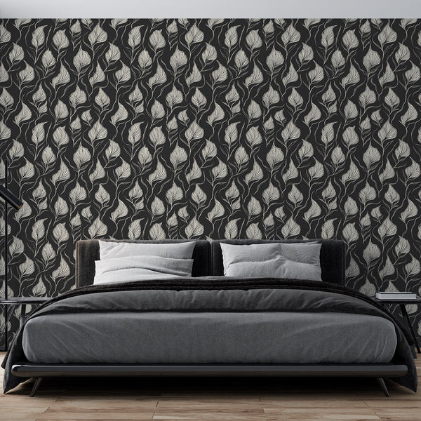 Black and White Foliage Wallpaper | Leaf Print on Dark Ground