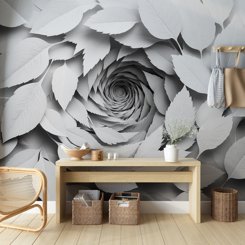White Foliage Wallpaper | Swirling Relief Leaf Wall Mural