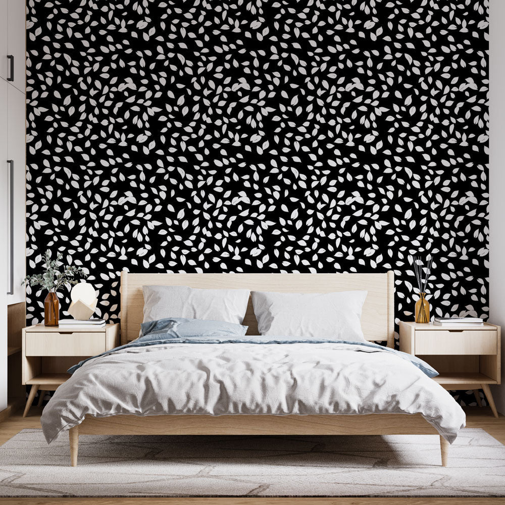 White Foliage on Black Wallpaper | Stylised Leaves Wall Mural