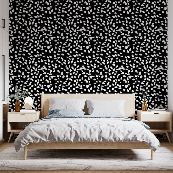 White Foliage on Black Wallpaper | Stylised Leaves Wall Mural
