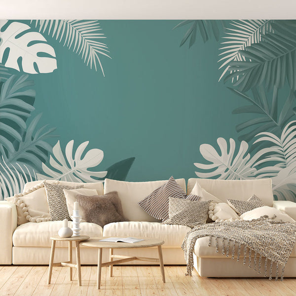Teal Tropical Foliage Wallpaper | White Leaf Wall Mural