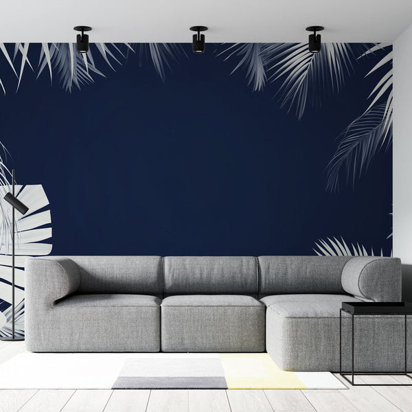 Teal Stylised Palm Wallpaper | Deep Blue Foliage Mural