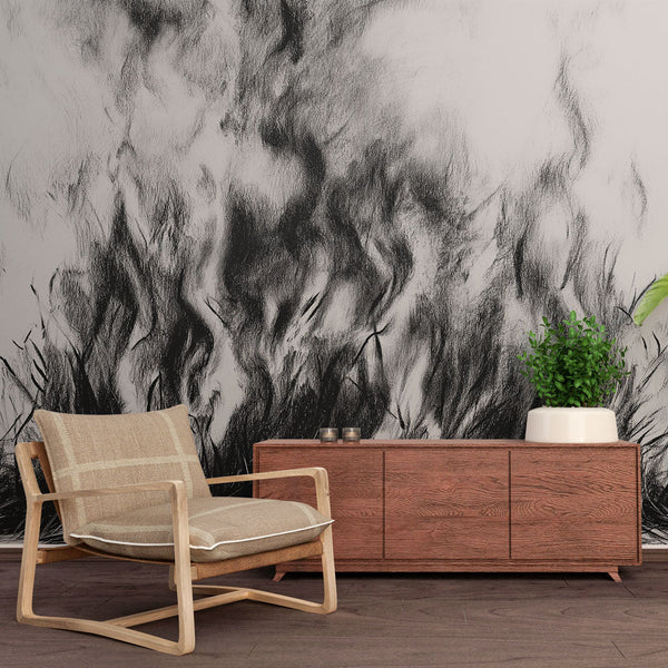 Designer Wallpaper - Illustration En Black and White D'herbe on White