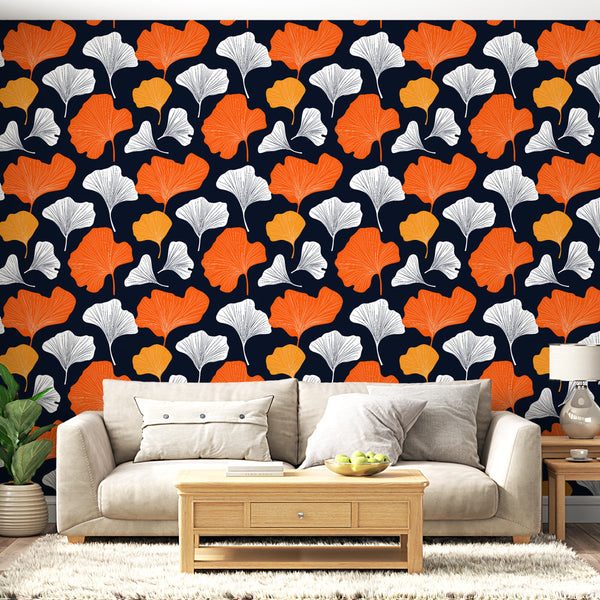 Foliage wallpaper | Orange, white & black ginkgo mural