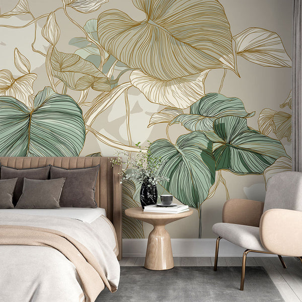 Gilded Foliage Wallpaper | Gold-Edged Leaves on Neutral