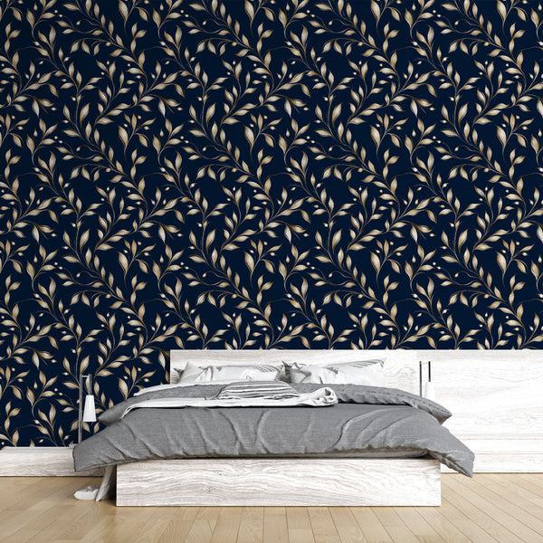 Gold Foliage Wallpaper | Elegant Leaves on Navy Wall Mural