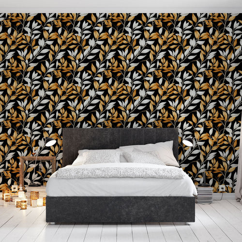 Black wallpaper with white and gold foliage leaf pattern