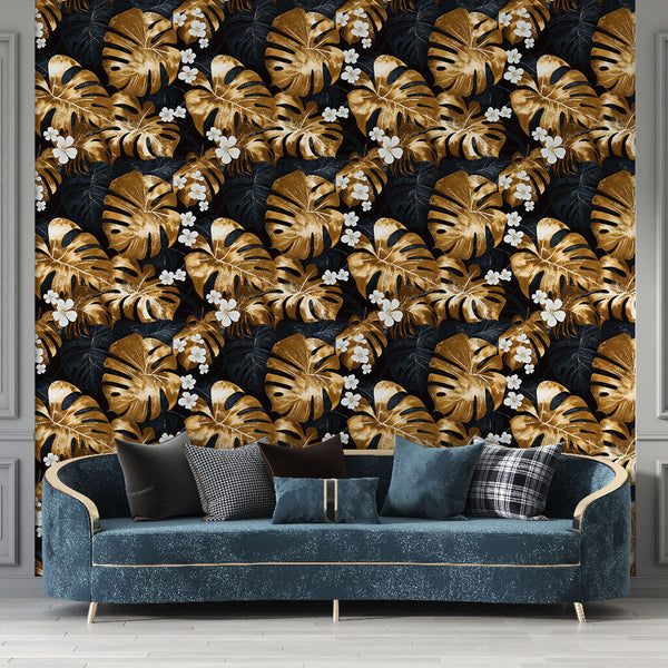 Golden Foliage Wallpaper with White Flowers on Black