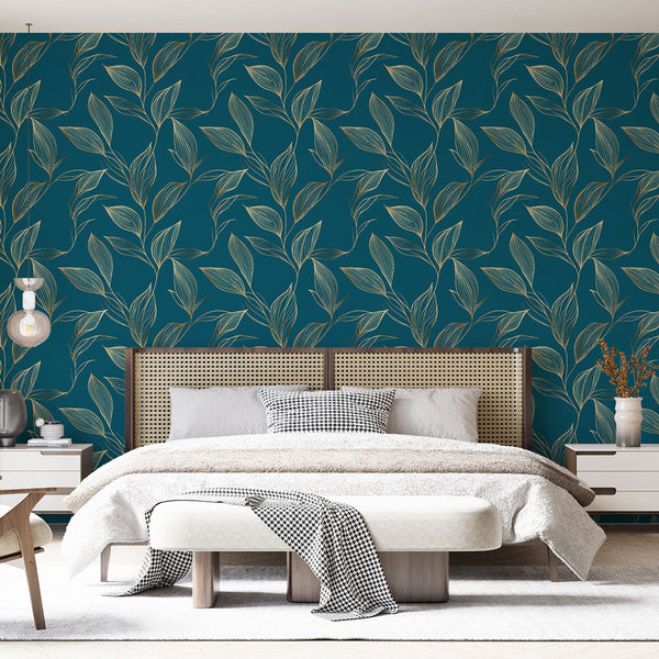 Golden Foliage Wallpaper | Elegant Leaves on Teal Blue