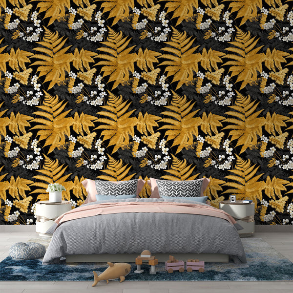 Golden Fern Wallpaper | Black Botanical Wall Mural