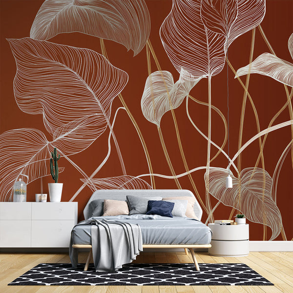 Elegant Foliage Wallpaper | White Leaves on Terracotta