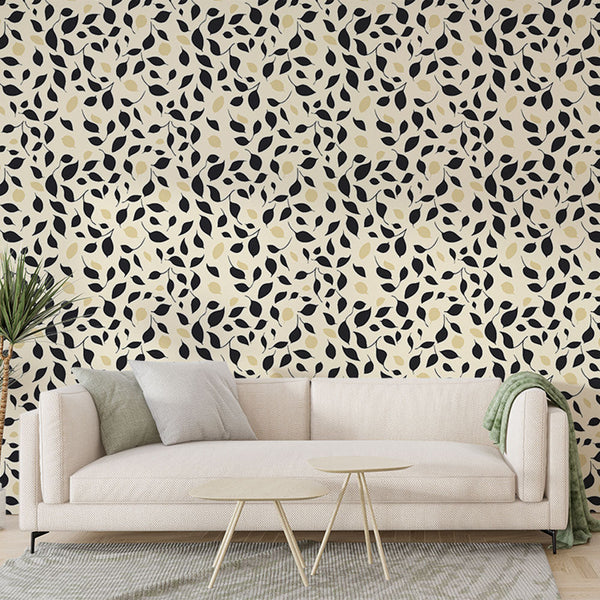 Elegant Foliage Wallpaper | Black White Gold Wall Mural