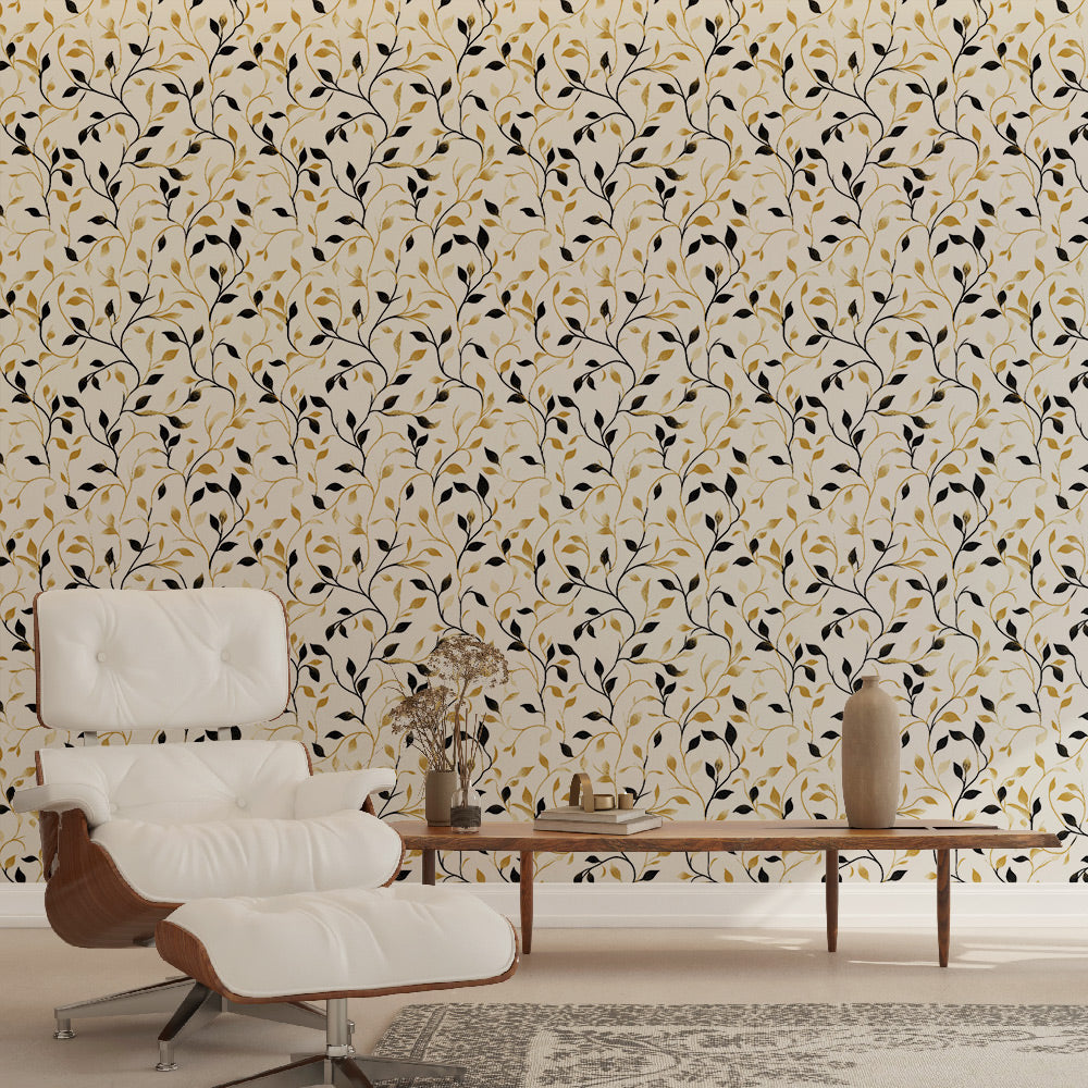 Elegant Foliage Wallpaper | Gold and Black Leaves Wall Mural