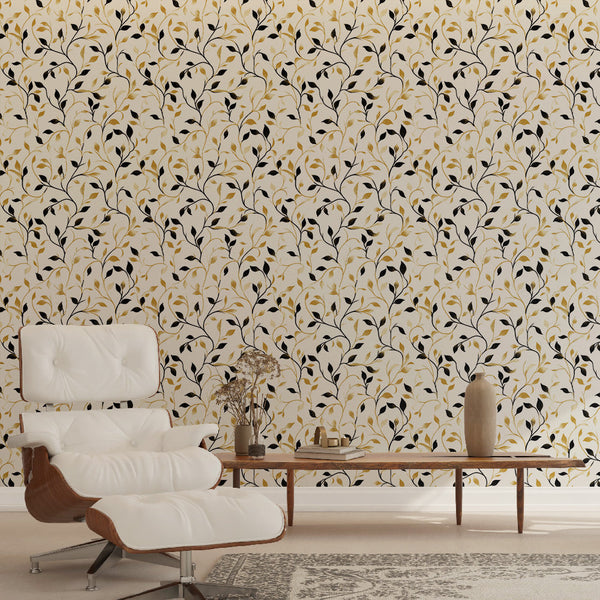 Elegant Foliage Wallpaper | Gold and Black Leaves Wall Mural