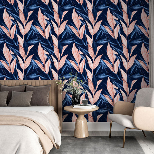 Foliage Wallpaper | Pink and Blue Leaves on Deep Navy