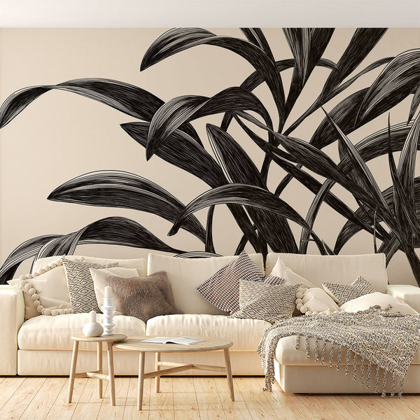 Graphic Foliage Wallpaper | Black and White Leaves on Beige