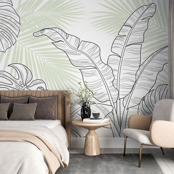 Graphic Foliage Wallpaper | Black Outline Tropical Wall Mural