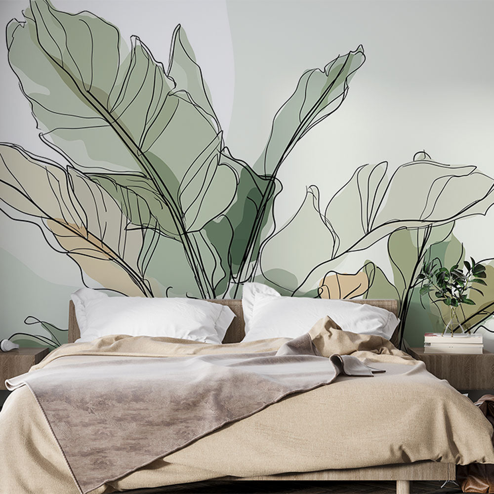 Linear Foliage Wallpaper | Minimalist Leaves With Fluid Lines