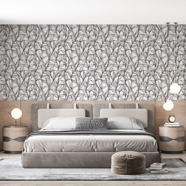 Monochrome Foliage Wallpaper | Stylised B&W Leaves Wall Mural