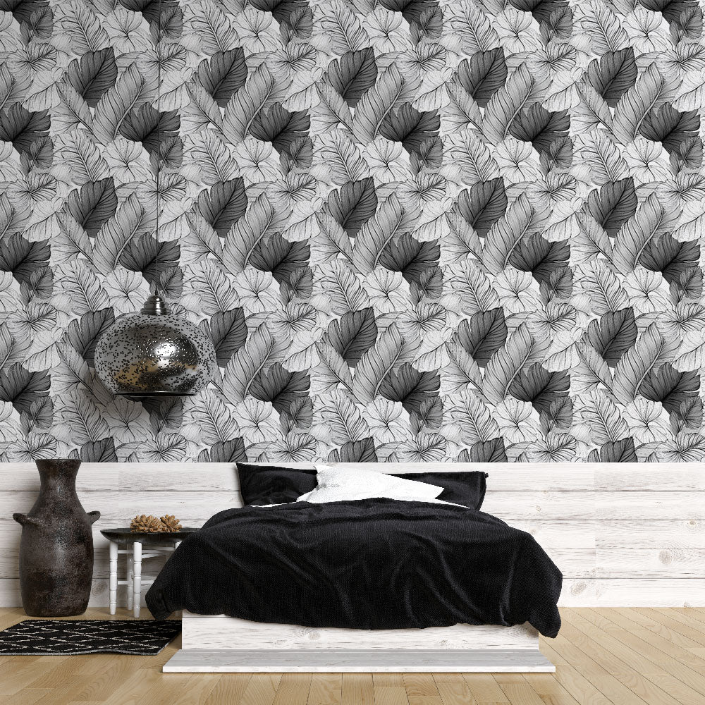 Monochrome Foliage Wallpaper | Leaves and Flowers Wall Mural