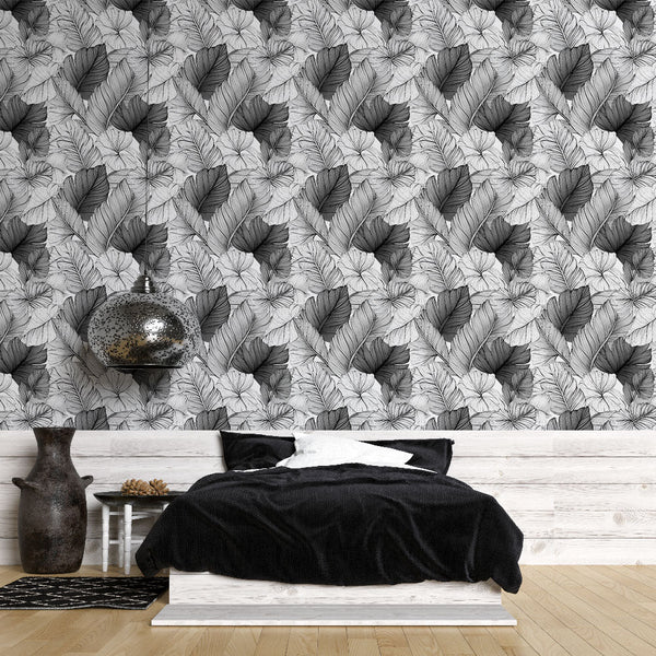 Monochrome Foliage Wallpaper | Leaves and Flowers Wall Mural