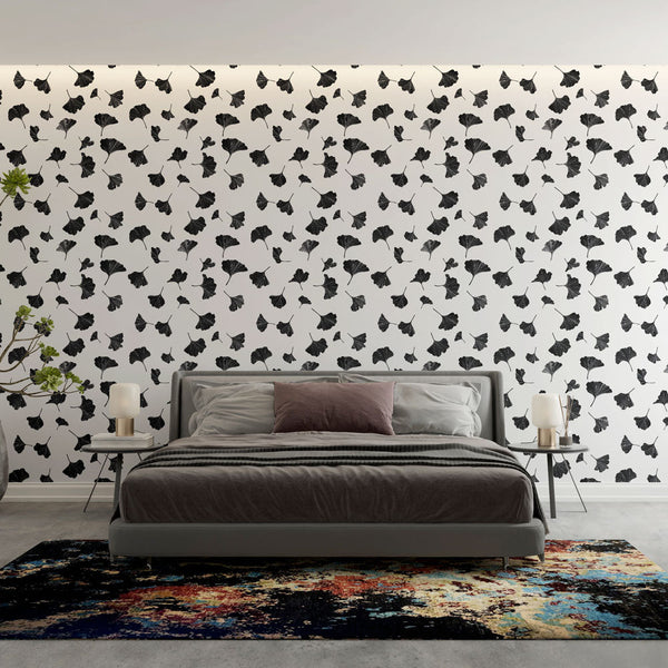 Foliage Ginkgo Wallpaper | Delicate Leaves Wall Mural in B&W