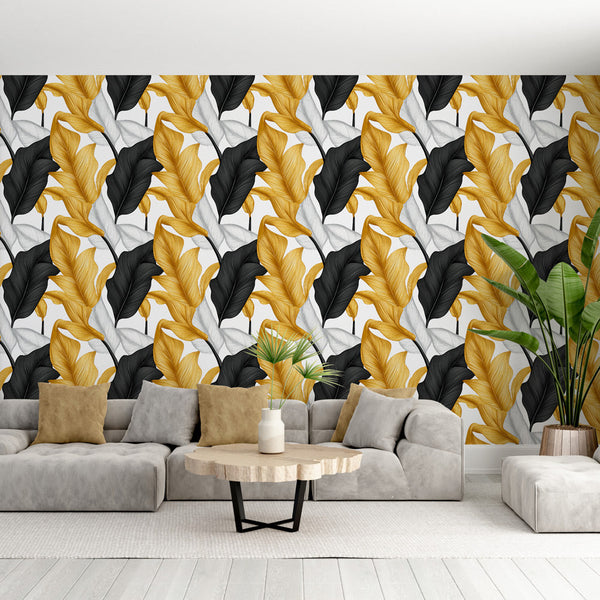 Black White & Gold Leaf Wallpaper with Stylised Motifs