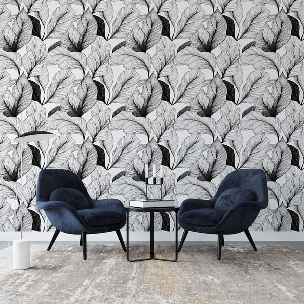 Black and White Leaf Wallpaper | Graphic Wall Mural