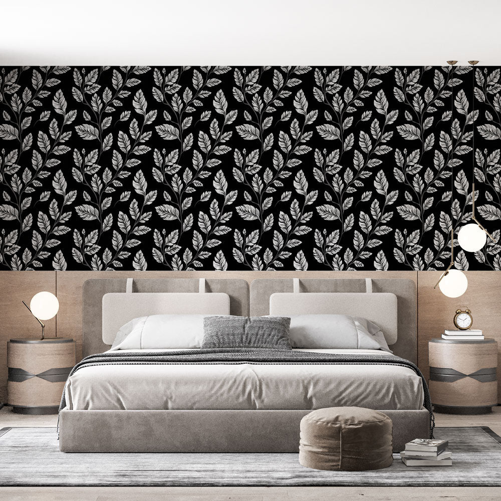 Black and White Wallpaper | Detailed Leaf Motif Wall Mural