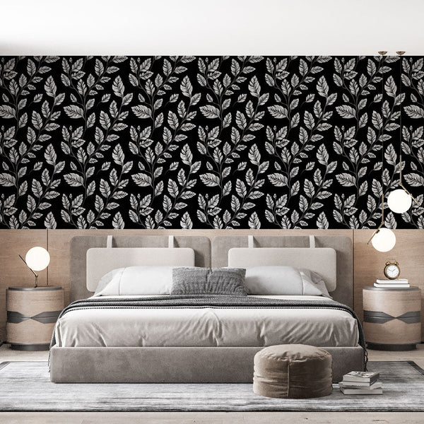 Black and White Wallpaper | Detailed Leaf Motif Wall Mural