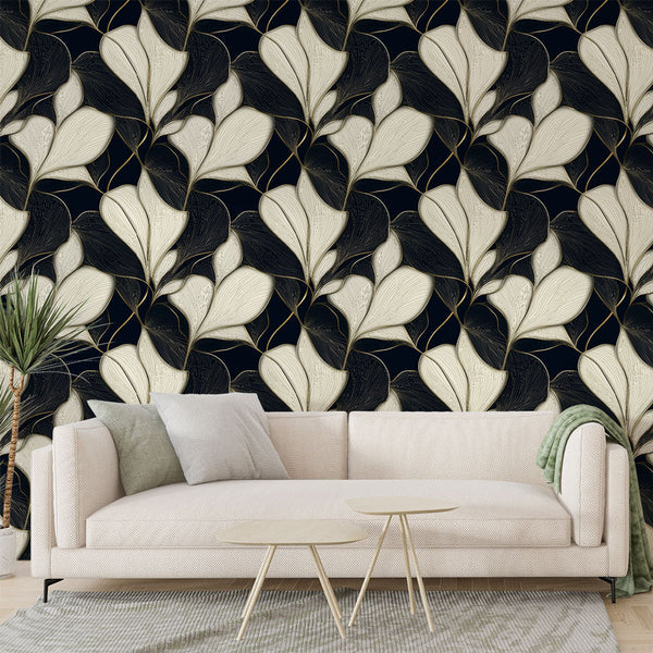 Navy Foliage Wallpaper | Black & White Wall Mural