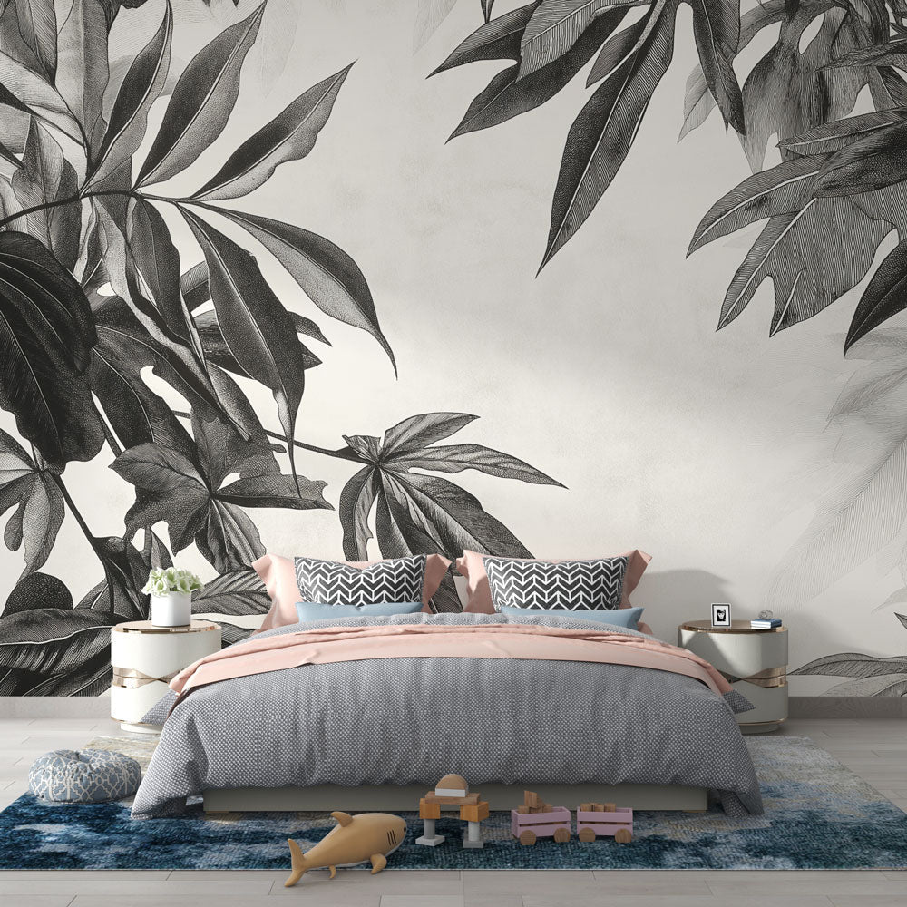 Black White Foliage Wallpaper | Delicate Leaves Wall Mural
