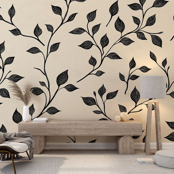 Black White Foliage Wallpaper | Elegant Leaf Wall Mural