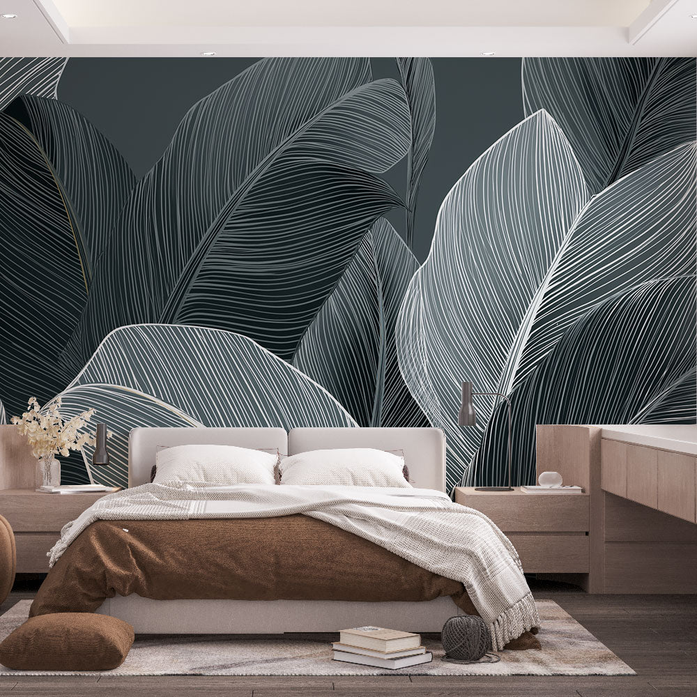 Black and White Foliage Wallpaper | Deep Gray Wall Mural
