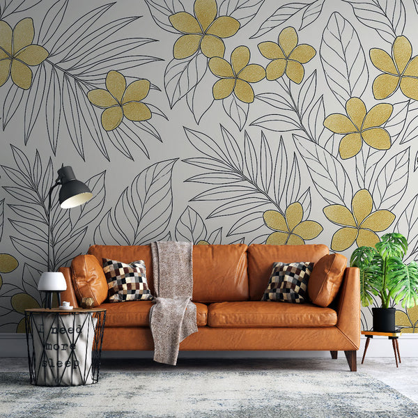 Black White Foliage Wallpaper | Line Art Exotic Mural