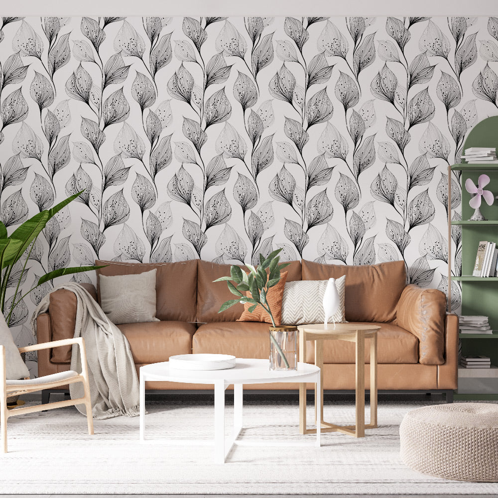 Black and White Foliage Wallpaper | Elegant Leaf Motif