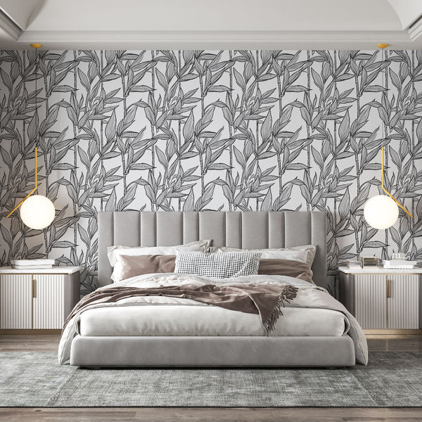 Stylised Foliage Wallpaper | Elegant Leaves Wall Mural in B&W