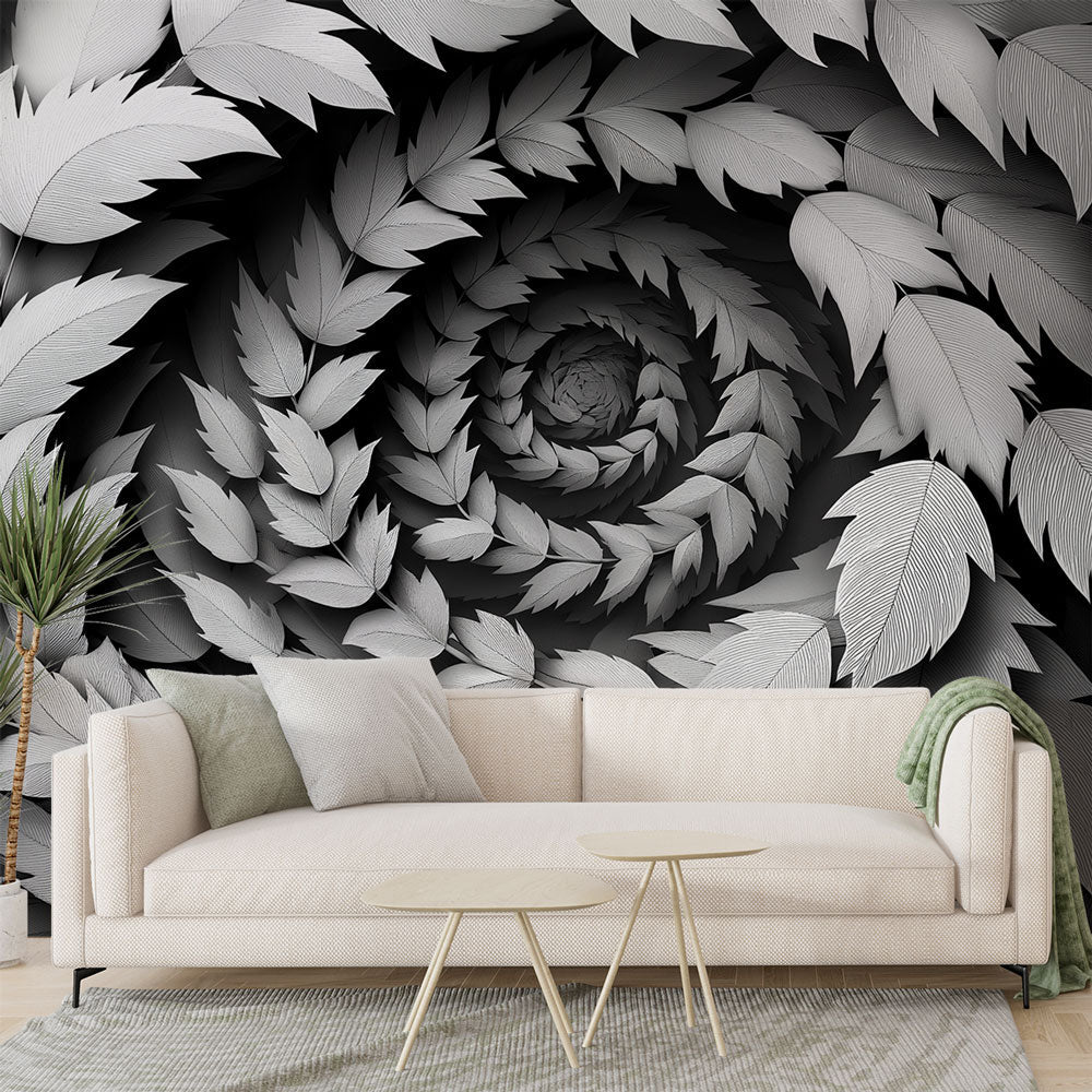 Black and White Foliage Wallpaper | Spiral Leaf Wall Mural