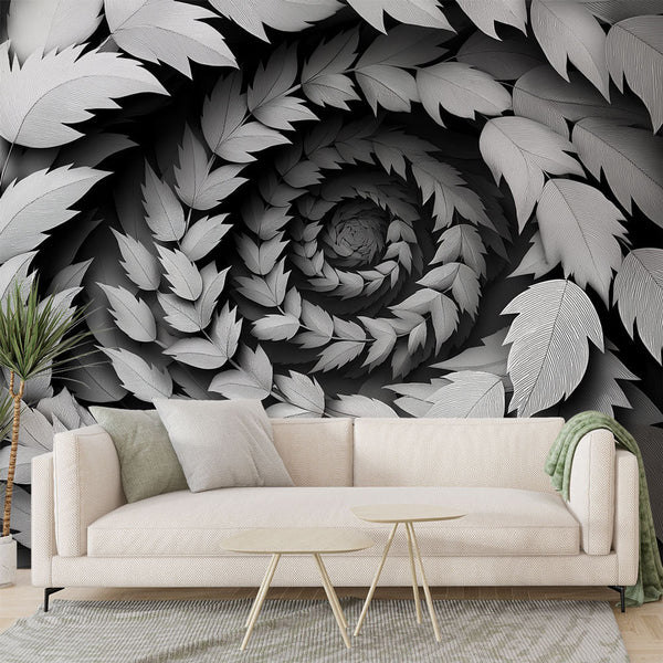 Black and White Foliage Wallpaper | Spiral Leaf Wall Mural