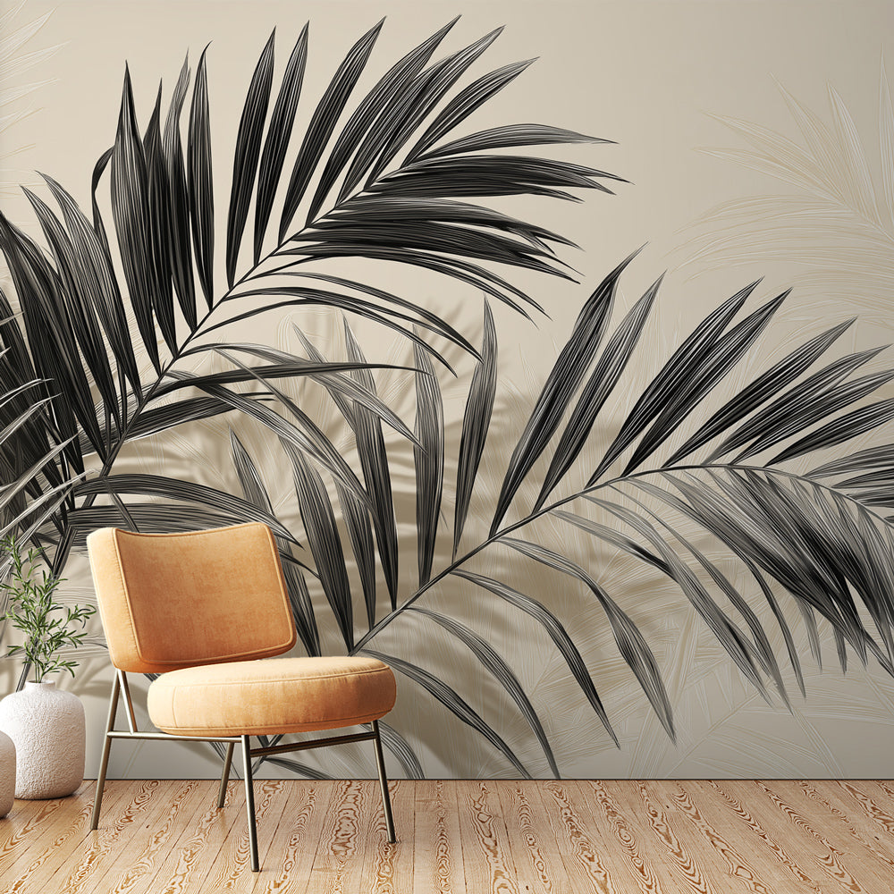 Black and White Foliage Wallpaper | Leaves on Warm Beige