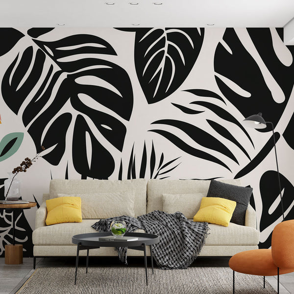 Graphic Foliage Wallpaper | Black White Leaves Wall Mural